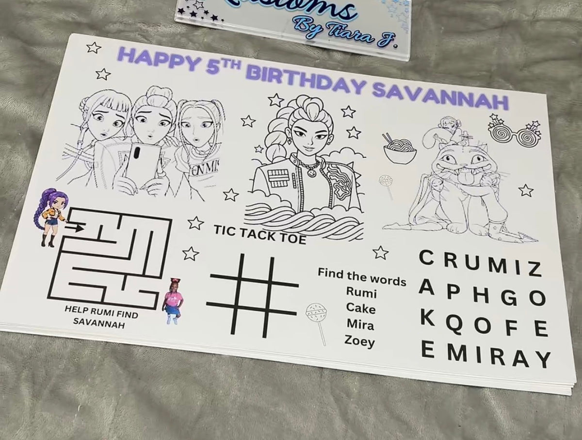 Personalized Kids Activity Mat | Custom Coloring and Activity Placemat | Name, Theme, Photo or Design | Birthday Party, Classroom and Events